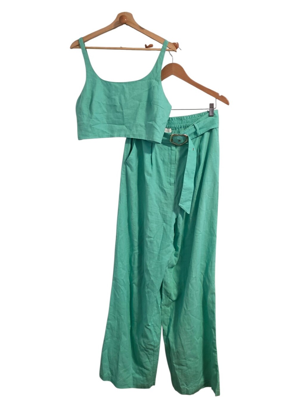 House Of Harlow 2 Piece Linen Blend Set Crop Top & Wide Leg Belted Pants Sz L
